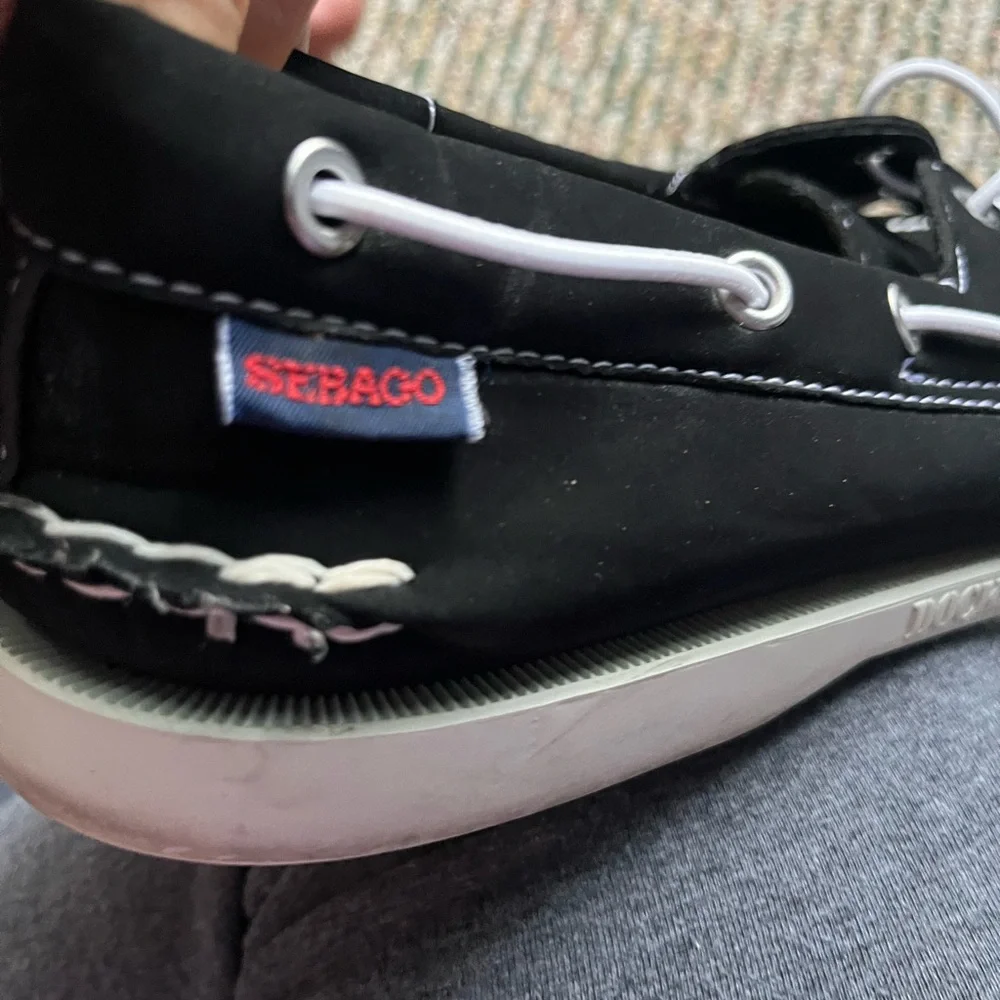 Sebago Black Boat Shoes with White Laces and Contrast Stitching